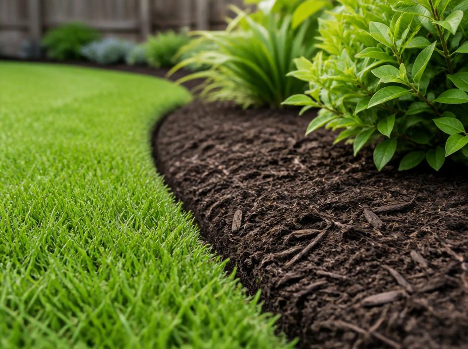 Sharp spaded edge along a garden bed with dark mulch