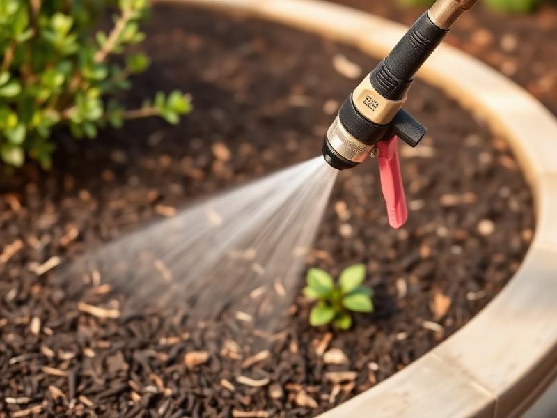 Professional pesticide sprayer treating mulch bed with targeted spray